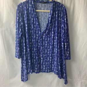 Chico's Travelers Women’s Open Front Cardigan Blue White Pineapple SZ 2 (L - 12)